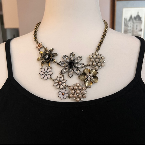 Jewelry - 18" Floral Statement Necklace w/ Brass, Pearl, and Gem Detail